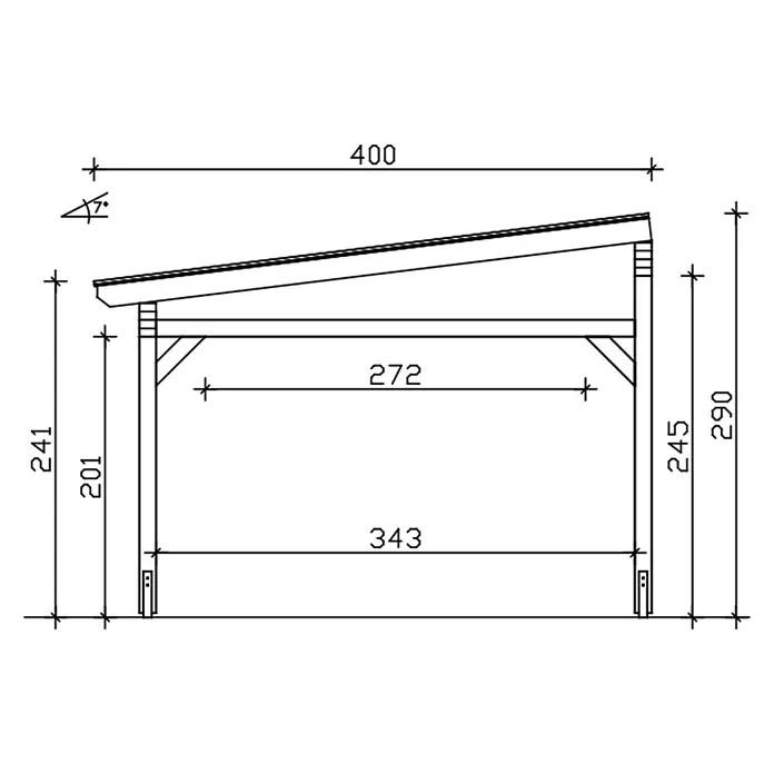 SKAN HOLZ Terrassenüberdachung Sanremo - B x T: 648 x 400 cm, Eiche hell, Polycarbonat, Transparent - Technische Zeichnung eines Pultdachs/Anlehnschuppens mit Maßen und 7-Grad-Dachneigung.