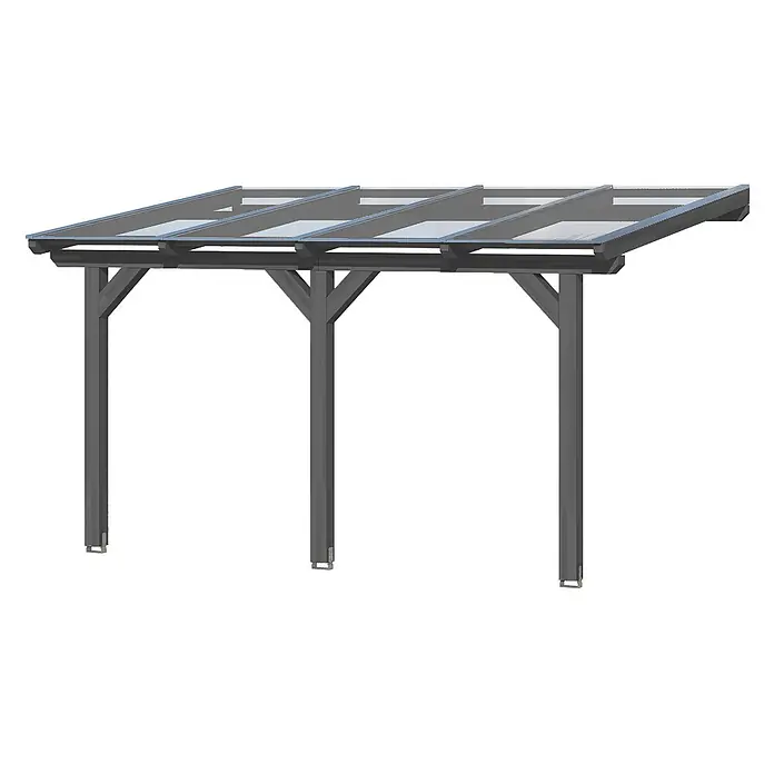 SKAN HOLZ Terrassenüberdachung Andria - B x T: 434 x 250 cm, Schiefergrau, Polycarbonat, Transparent - Freistehende dunkelgraue Metall-Pergola mit transparentem Polycarbonat-Wellplattendach, gestützt von vier Pfosten und Streben.