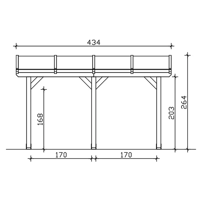 SKAN HOLZ Terrassenüberdachung Andria - B x T: 434 x 300 cm, Natur, Polycarbonat, Transparent - Technische Zeichnung einer erhöhten Holzkonstruktion mit Geländer und Maßen.