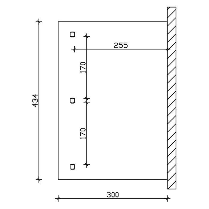 SKAN HOLZ Terrassenüberdachung Andria - B x T: 434 x 300 cm, Natur, Polycarbonat, Transparent - Technische Zeichnung: Rechteckige Platte, 300x434mm, mit drei quadratischen Befestigungslöchern. Löcher vertikal 170mm auseinander, 255mm vom rechten Rand.