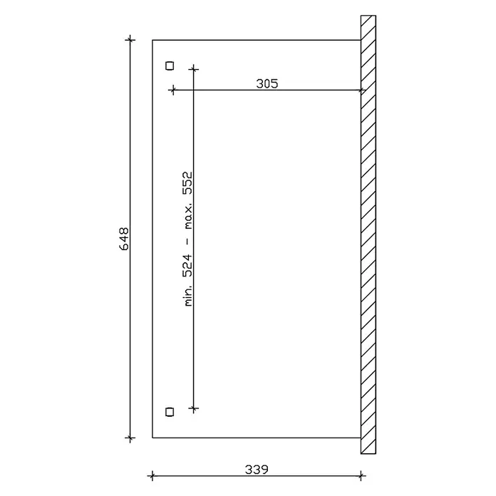 SKAN HOLZ Terrassenüberdachung Verona - B x T: 648 x 339 cm, Eiche hell, Polycarbonat, Transparent - Technische Zeichnung für Wandmontage, mit rechteckiger Platte (648x339mm) und einstellbaren Lochabständen (524-552mm).