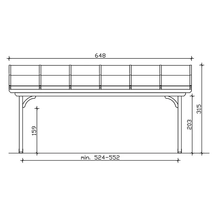 SKAN HOLZ Terrassenüberdachung Verona - B x T: 648 x 339 cm, Eiche hell, Polycarbonat, Transparent - Technische Zeichnung einer erhöhten Plattform mit Geländer, gestützt durch Pfosten und Diagonalstreben.