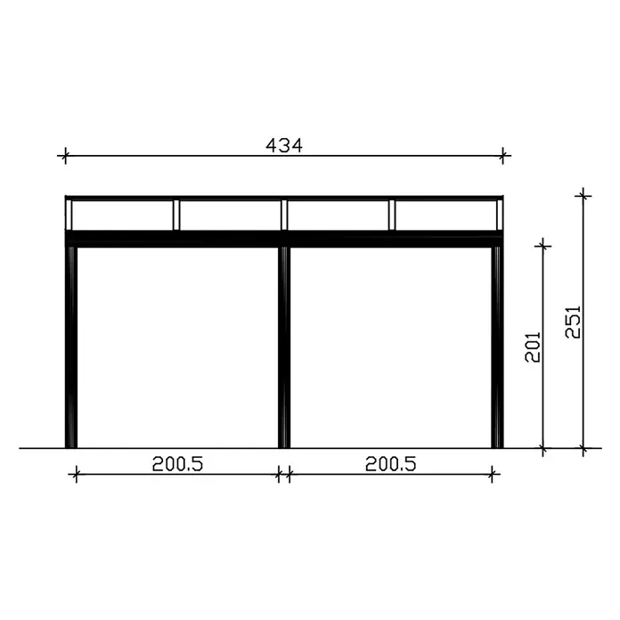 SKAN HOLZ Terrassenüberdachung Garda - B x T: 434 x 257 cm, Anthrazit, Polycarbonat, Transparent - Technische Zeichnung einer schwarzen Rahmenkonstruktion mit zwei Fächern, detaillierte Abmessungen zur Montage.
