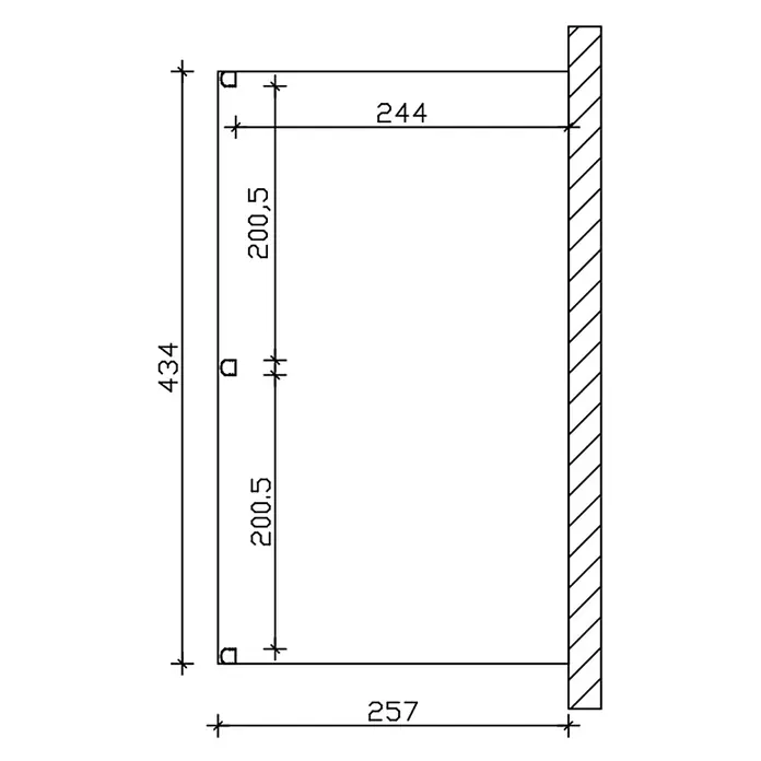 SKAN HOLZ Terrassenüberdachung Garda - B x T: 434 x 257 cm, Anthrazit, Polycarbonat, Transparent - Technische Zeichnung einer wandmontierten Halterung mit Maßen.