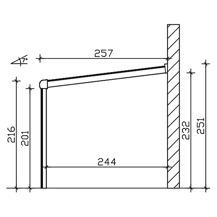 SKAN HOLZ Terrassenüberdachung Garda - B x T: 648 x 257 cm, Weiß, Polycarbonat, Transparent - Technische Zeichnung eines Schrankenarms mit Maßen (z.B. 257 Länge, 7° Winkel) für die Montage.