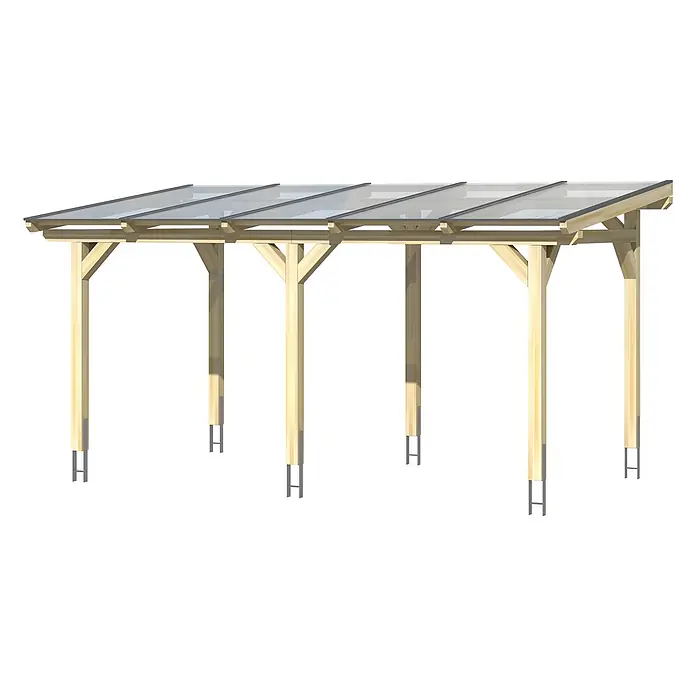 SKAN HOLZ Terrassenüberdachung Siena - B x T: 541 x 400 cm, Natur, Polycarbonat, Transparent - Holzpergola mit transparenten Dachplatten und Metallpfostenankern.