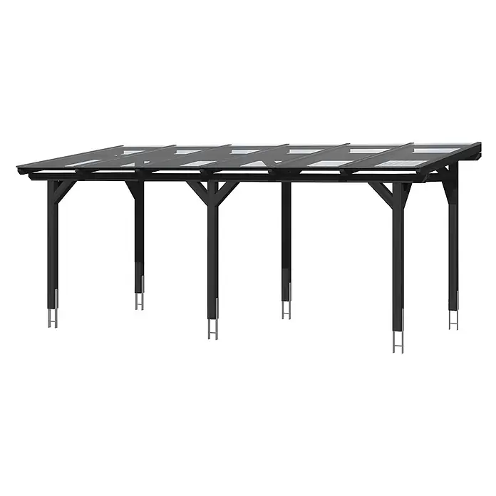 SKAN HOLZ Terrassenüberdachung Siena - B x T: 648 x 250 cm, Anthrazit, Polycarbonat, Transparent - Dunkelgraue Holzpergola mit durchsichtigem Schrägdach und Metallankerfüßen.