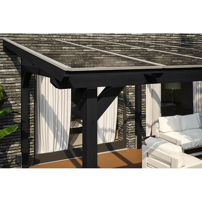 SKAN HOLZ Terrassenüberdachung Siena - B x T: 648 x 250 cm, Anthrazit, Polycarbonat, Transparent - Dunkel lasierte Holzpergola mit transparenten Wellplatten auf dem Dach, spendet Schatten für einen Terrassenbereich.
