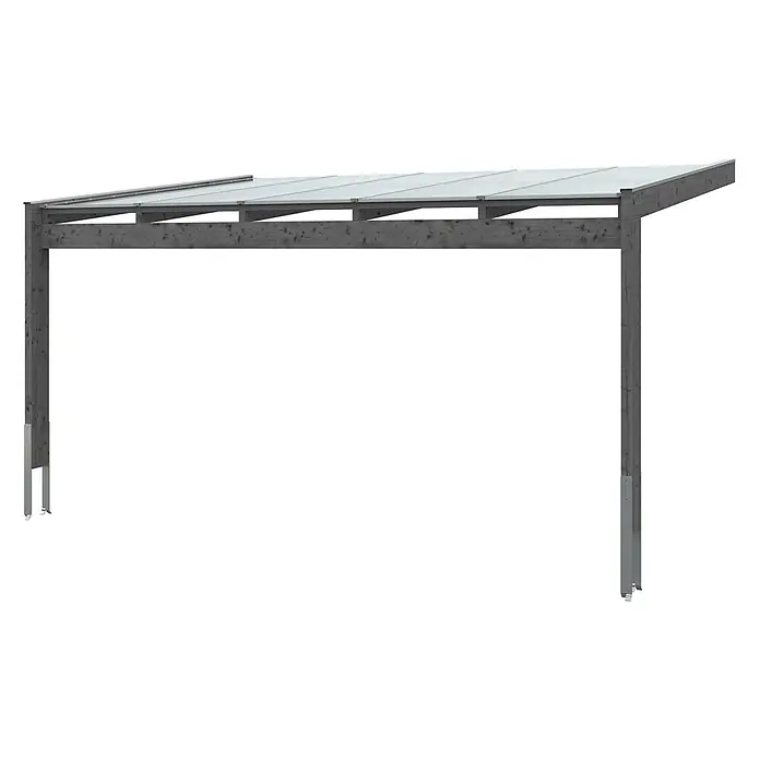 SKAN HOLZ Terrassenüberdachung Novara - B x T: 557 x 359 cm, Schiefergrau, Polycarbonat, Transparent - Dunkelgraues Holz-Carport mit lichtdurchlässigem Dach, getragen von zwei Pfosten mit Metallfüßen.