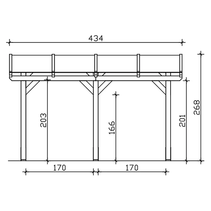 SKAN HOLZ Terrassenüberdachung Siena - B x T: 434 x 350 cm, Schiefergrau, Polycarbonat, Transparent - Technische Zeichnung einer erhöhten Holzplattform oder Terrasse mit Geländer und Maßen.