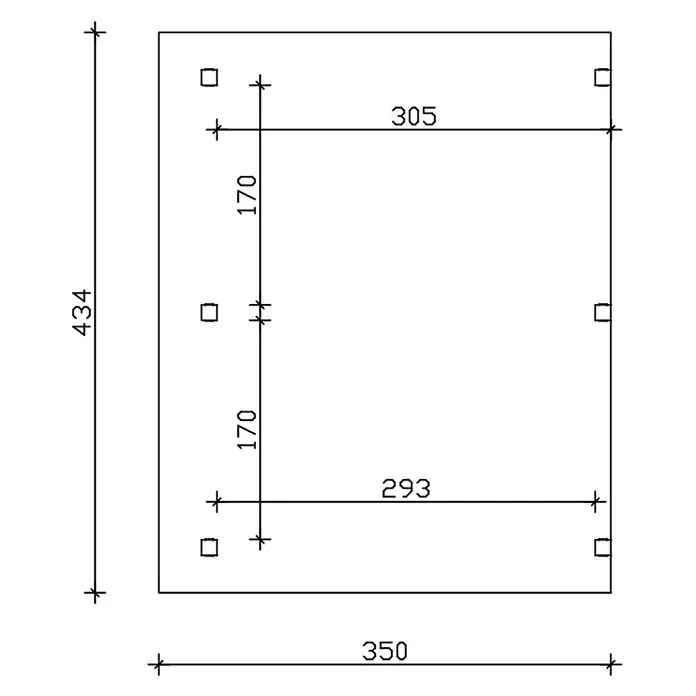 SKAN HOLZ Terrassenüberdachung Siena - B x T: 434 x 350 cm, Schiefergrau, Polycarbonat, Transparent - Technische Zeichnung einer rechteckigen Platte mit sechs quadratischen Löchern und Bemaßungen (z.B. 350x434).