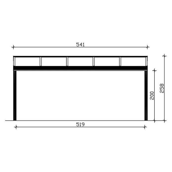 SKAN HOLZ Terrassenüberdachung Genua - B x T: 541 x 307 cm, Weiß, Polycarbonat, Transparent - Vorderansicht eines dunklen rechteckigen Rahmens, oben 541, unten 519 breit, Gesamthöhe 258.