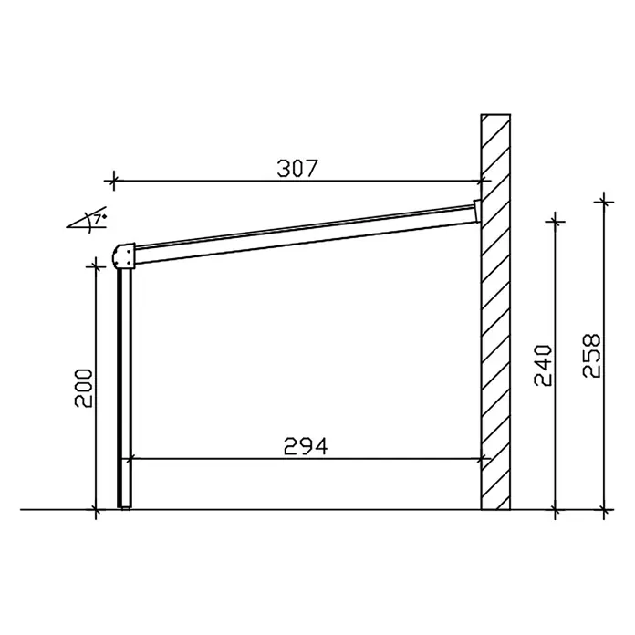 SKAN HOLZ Terrassenüberdachung Genua - B x T: 541 x 307 cm, Weiß, Polycarbonat, Transparent - Technische Zeichnung eines Markisen-Tragarms mit Maßen und 7 Grad Neigung.