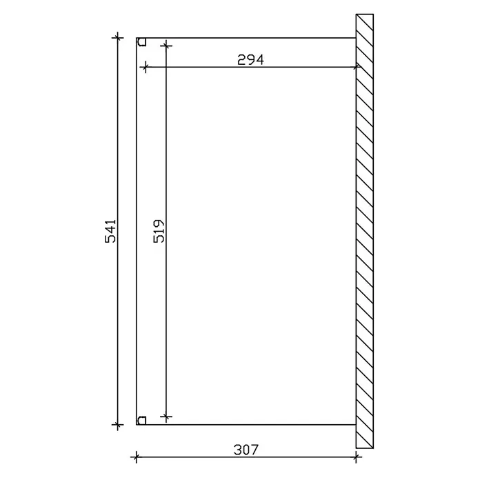 SKAN HOLZ Terrassenüberdachung Genua - B x T: 541 x 307 cm, Weiß, Polycarbonat, Transparent - Bemaßte technische Zeichnung einer rechteckigen Öffnung oder eines Rahmens an einer Wand.