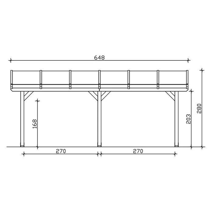 SKAN HOLZ Terrassenüberdachung Bormio - B x T: 648 x 400 cm, Schiefergrau, Polycarbonat, Transparent - Technische Zeichnung einer erhöhten Terrassenstruktur mit Geländer und Stützpfosten, Maße.