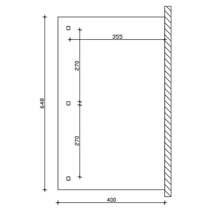 SKAN HOLZ Terrassenüberdachung Bormio - B x T: 648 x 400 cm, Schiefergrau, Polycarbonat, Transparent - Technische Zeichnung einer rechteckigen Montageplatte mit drei quadratischen Aussparungen, bemaßt für Breite, Höhe und Lochposition.