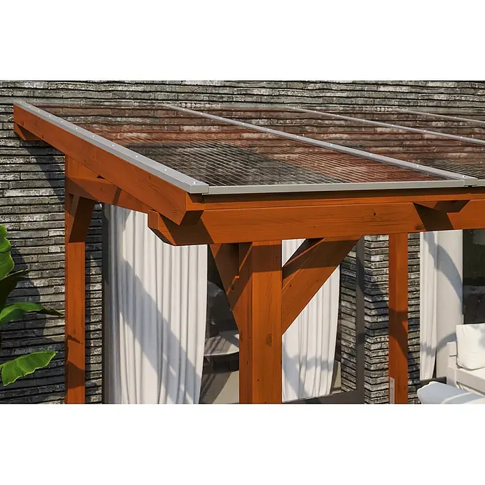 SKAN HOLZ Terrassenüberdachung Siena - B x T: 541 x 350 cm, Nussbaum, Polycarbonat, Transparent - Hölzerne Pergola mit transparentem Wellendach, an einer Steinwand befestigt.