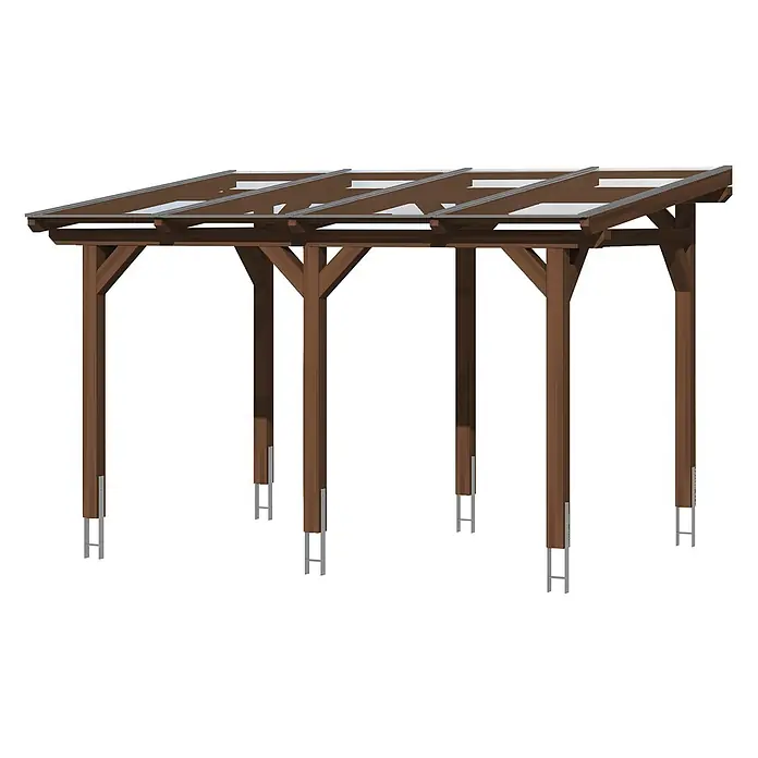 SKAN HOLZ Terrassenüberdachung Siena - B x T: 434 x 350 cm, Nussbaum, Polycarbonat, Transparent - Dunkelbraune Holzpergola mit transparentem Schrägdach und Metallpfostenankern.