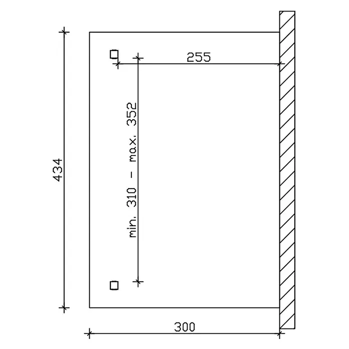 SKAN HOLZ Terrassenüberdachung Ravenna - B x T: 434 x 300 cm, Nussbaum, Polycarbonat, Transparent - Installationsschema für 300x434mm Rechteckteil. Zeigt zwei quadratische Befestigungslöcher, vertikal min 310 - max 352mm, horizontal 255mm.