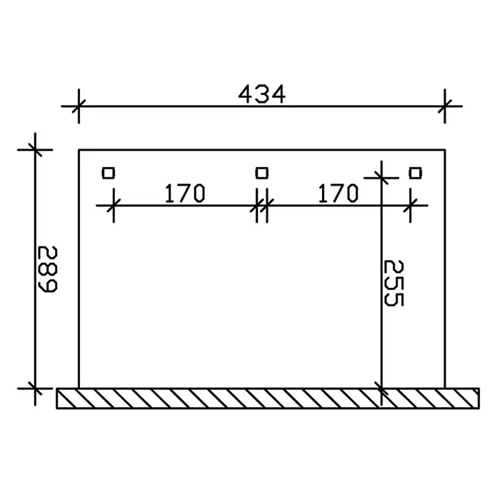 SKAN HOLZ Terrassenüberdachung Venezia - B x T: 434 x 289 cm, Anthrazit, Polycarbonat, Transparent - Technische Zeichnung eines Rechteckrahmens; Maße: Breite 434mm, Höhe 289/255mm, drei obere markierte Punkte 170mm auseinander.