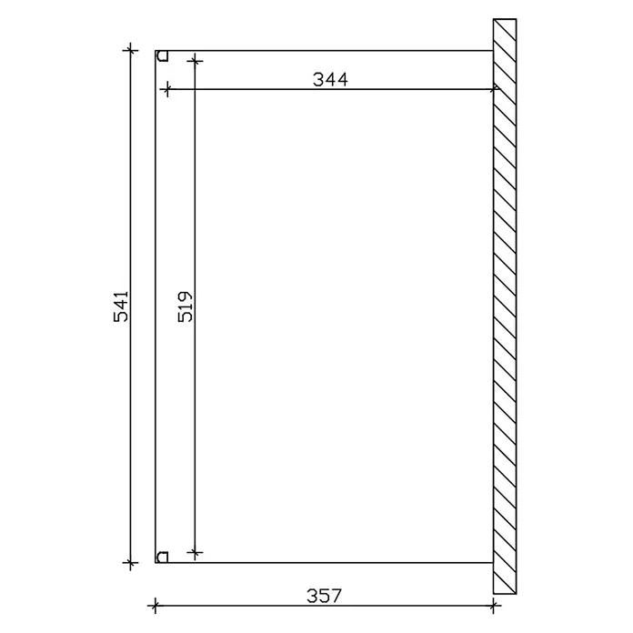 SKAN HOLZ Terrassenüberdachung Genua - B x T: 541 x 357 cm, Anthrazit, Polycarbonat, Transparent - Technische Zeichnung mit Maßen 344, 357, 519, 541 für ein rechteckiges Bauteil oder eine Öffnung.