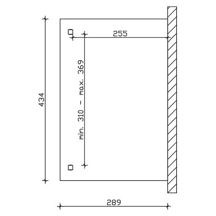 SKAN HOLZ Terrassenüberdachung Verona - B x T: 434 x 289 cm, Natur, Polycarbonat, Transparent - Technische Zeichnung mit Maßen für Wandmontage: Gesamtbreite 289, Höhe 434, Lochabstand vertikal min 310-max 369, horizontaler Abstand zur Wand 255.