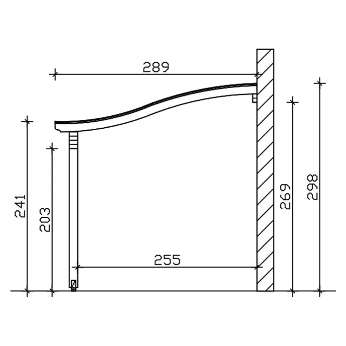 SKAN HOLZ Terrassenüberdachung Verona - B x T: 434 x 289 cm, Natur, Polycarbonat, Transparent - Technische Zeichnung einer gebogenen, wandmontierten Stützkonstruktion mit vertikaler Vorderstange, z.B. für eine Markise.