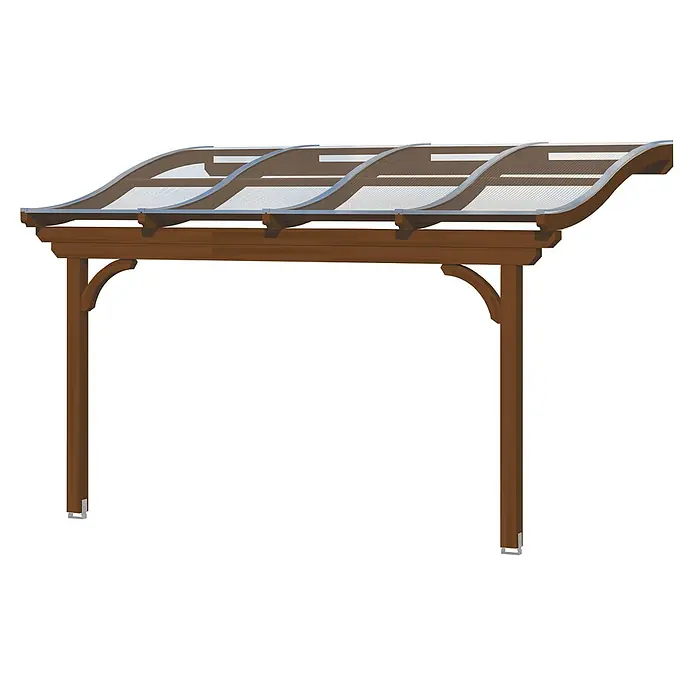 SKAN HOLZ Terrassenüberdachung Verona - B x T: 434 x 239 cm, Nussbaum, Polycarbonat, Transparent - Braune Holzpergola mit transparenten, gewellten Dachplatten.