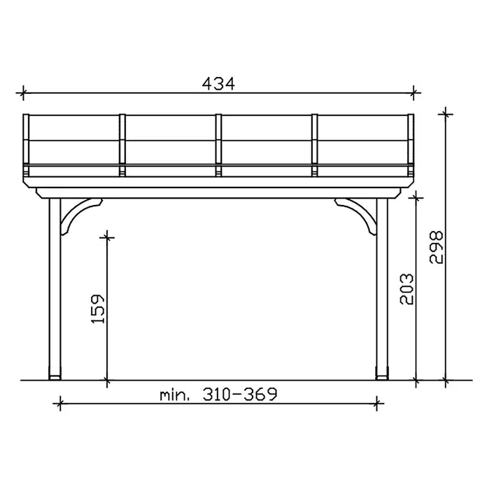 SKAN HOLZ Terrassenüberdachung Verona - B x T: 434 x 289 cm, Natur, Polycarbonat, Transparent - Technische Zeichnung einer erhöhten Plattform oder Brücke mit Geländer. Maße: Länge 434, Höhe 298, Beinhöhe 159, verstellbare Spannweite 310-369.