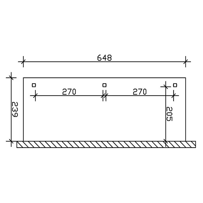 SKAN HOLZ Terrassenüberdachung Venezia - B x T: 648 x 239 cm, Anthrazit, Polycarbonat, Transparent - Technische Zeichnung eines rechteckigen Bauteils. Gesamtabmessungen 648x239, mit inneren Merkmalen.