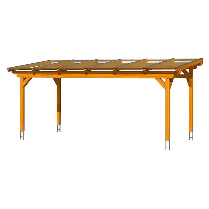 SKAN HOLZ Terrassenüberdachung Sanremo - B x T: 648 x 400 cm, Eiche hell, Polycarbonat, Transparent - Helle Holzpergola mit transparenten Dachplatten, gestützt von Metallpfostenankern.