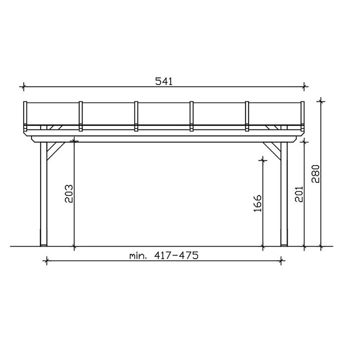 SKAN HOLZ Terrassenüberdachung Sanremo - B x T: 541 x 350 cm, Eiche hell, Polycarbonat, Transparent - Technische Zeichnung einer erhöhten Holzplattform mit Geländer und Stützpfosten, mit Maßen.