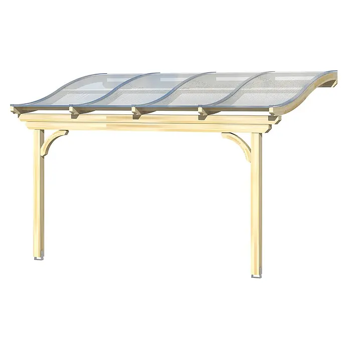 SKAN HOLZ Terrassenüberdachung Verona - B x T: 434 x 389 cm, Natur, Polycarbonat, Transparent - Holzvordach mit klarem, gewelltem Polycarbonatdach und Stützpfosten, für Außenschutz.