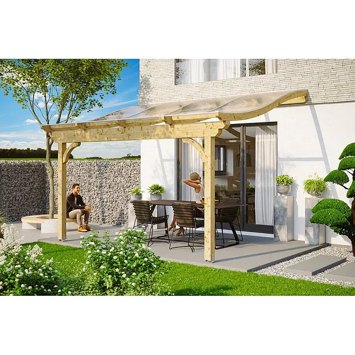 SKAN HOLZ Terrassenüberdachung Verona - B x T: 434 x 389 cm, Natur, Polycarbonat, Transparent - Hölzerne Pergola mit transparentem Dach, die einen Terrassen-Essbereich an einem modernen Haus überdacht.