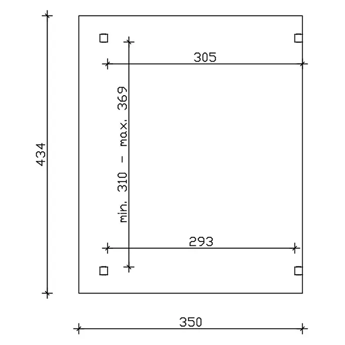 SKAN HOLZ Terrassenüberdachung Sanremo - B x T: 434 x 350 cm, Weiß, Polycarbonat, Transparent - Technische Zeichnung eines rechteckigen Bauteils mit Eckaussparungen und detaillierten Maßen.