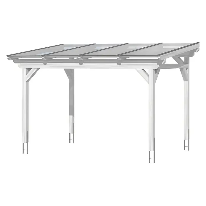 SKAN HOLZ Terrassenüberdachung Sanremo - B x T: 434 x 350 cm, Weiß, Polycarbonat, Transparent - Weiße Holzpergola mit transparenten Dachplatten und Metall-Bodenankern.