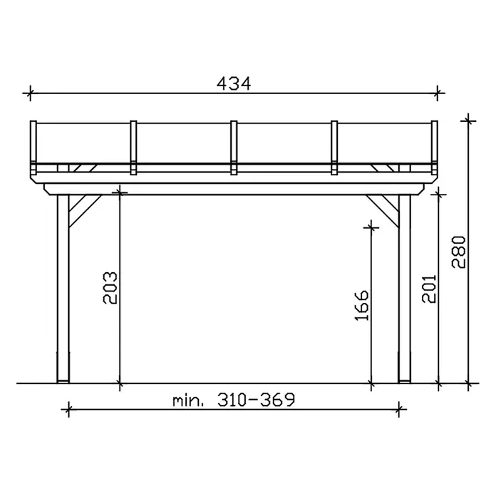 SKAN HOLZ Terrassenüberdachung Sanremo - B x T: 434 x 350 cm, Weiß, Polycarbonat, Transparent - Entwurf einer erhöhten Plattform mit Geländern und Stützpfosten, inklusive Maßen.