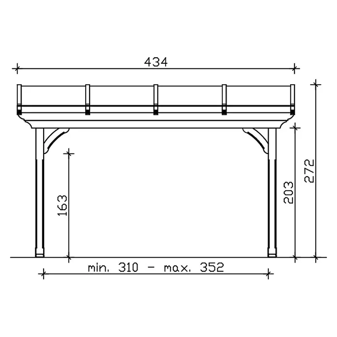 SKAN HOLZ Terrassenüberdachung Ravenna - B x T: 434 x 250 cm, Nussbaum, Polycarbonat, Transparent - Technische Zeichnung eines erhöhten Blumenkastens mit Ständer, mit Vorderansichtsmaßen.