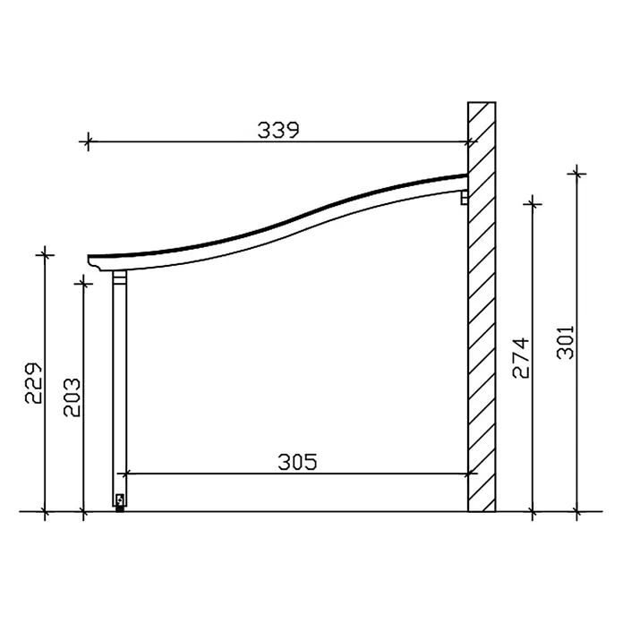 SKAN HOLZ Terrassenüberdachung Venezia - B x T: 434 x 339 cm, Eiche hell, Polycarbonat, Transparent - Technischer Plan einer wandmontierten, gekrümmten Stützkonsole mit Stützbein, mit Maßen.