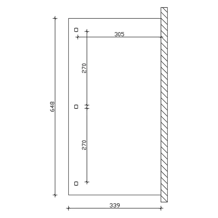 SKAN HOLZ Terrassenüberdachung Venezia - B x T: 648 x 339 cm, Natur, Polycarbonat, Transparent - Technische Zeichnung mit Bemaßungen für Befestigungspunkte, gesamt 648x339mm, drei Löcher im Abstand von 270mm.