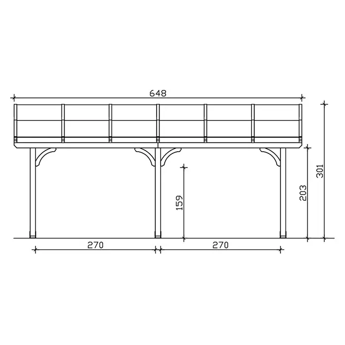 SKAN HOLZ Terrassenüberdachung Venezia - B x T: 648 x 339 cm, Natur, Polycarbonat, Transparent - Technische Zeichnung einer erhöhten Plattform mit Geländer und Stützpfosten, inklusive Maße.