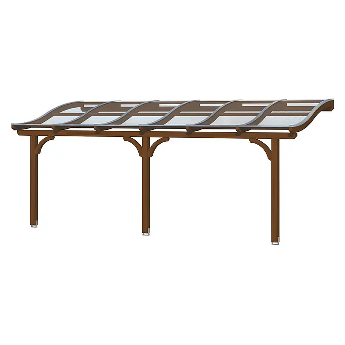 SKAN HOLZ Terrassenüberdachung Venezia - B x T: 648 x 289 cm, Nussbaum, Polycarbonat, Transparent - Braune Holzpergola mit geschwungenem, transparentem Dach als Outdoor-Unterstand.