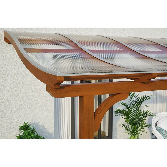 SKAN HOLZ Terrassenüberdachung Venezia - B x T: 434 x 289 cm, Nussbaum, Polycarbonat, Transparent - Hölzerne Pergola mit transparenten, gewölbten Polycarbonat-Dachplatten, an einem Gebäude befestigt, bietet Wetterschutz.