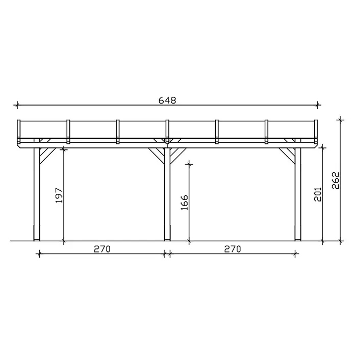 SKAN HOLZ Terrassenüberdachung Siena - B x T: 648 x 300 cm, Schiefergrau, Polycarbonat, Transparent - Technische Zeichnung einer erhöhten Holzplattform mit Maßen.