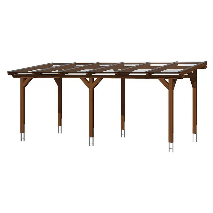 SKAN HOLZ Terrassenüberdachung Siena - B x T: 648 x 350 cm, Nussbaum, Polycarbonat, Transparent - Robuster Carport aus braunem Holz mit transparentem Dach, gestützt auf Metallpfosten.