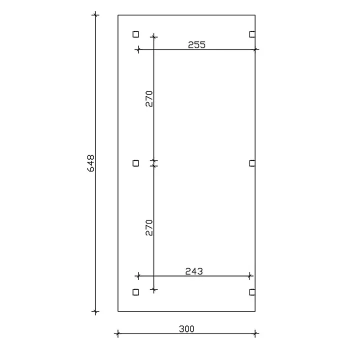 SKAN HOLZ Terrassenüberdachung Siena - B x T: 648 x 300 cm, Schiefergrau, Polycarbonat, Transparent - Technische Zeichnung einer rechteckigen Platte mit sechs quadratischen Aussparungen und detaillierten Maßen.