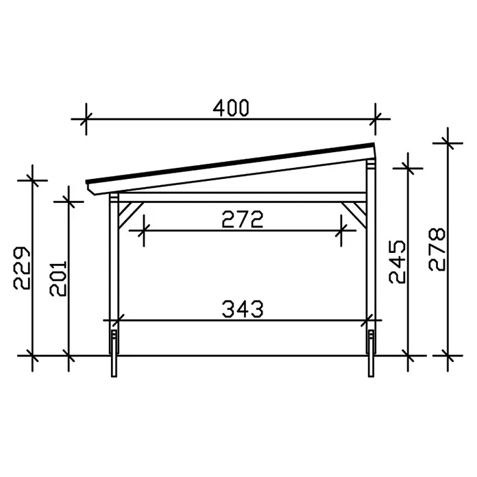 SKAN HOLZ Terrassenüberdachung Siena - B x T: 434 x 400 cm, Anthrazit, Polycarbonat, Transparent - Technische Zeichnung eines kleinen Pultdaches oder Unterstands, mit Gesamt- und Innenmaßen.