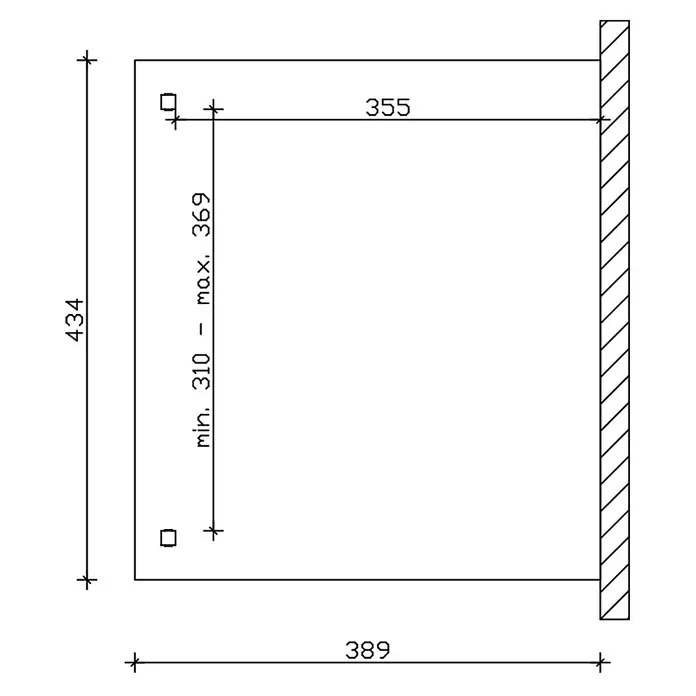 SKAN HOLZ Terrassenüberdachung Verona - B x T: 434 x 389 cm, Eiche hell, Polycarbonat, Transparent - Technische Zeichnung eines rechteckigen Montagerahmens, 389x434mm, mit zwei quadratischen Befestigungslöchern und Maßangaben.
