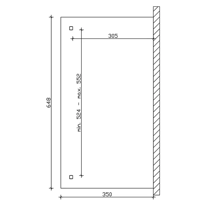SKAN HOLZ Terrassenüberdachung Ravenna - B x T: 648 x 350 cm, Nussbaum, Polycarbonat, Transparent - Technisches Montageplan mit Gesamtmaßen 648x350 und einstellbarem vertikalem Befestigungsabstand (524-552).