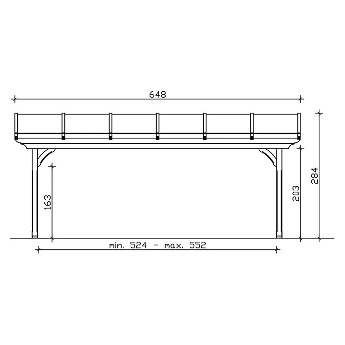 SKAN HOLZ Terrassenüberdachung Ravenna - B x T: 648 x 350 cm, Nussbaum, Polycarbonat, Transparent - Technische Zeichnung eines Hochbeetes mit Pfosten, mit Maßen wie Gesamtbreite 648 und Höhe 284.